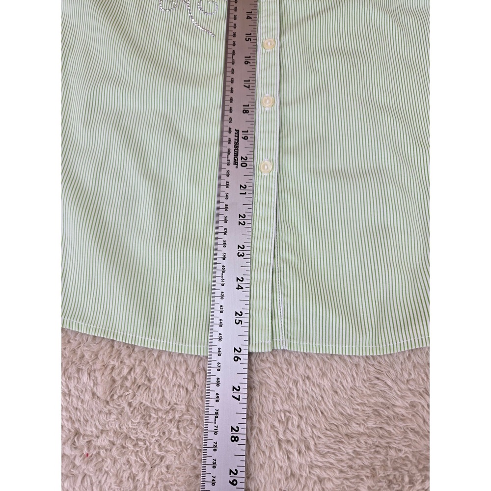 Vtg Tia Designs Green White Striped Button Down Shirt Clover Rhinestone Womens L - Picture 6 of 9